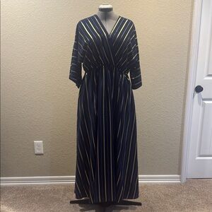 BloomChic Blue and Gold Pleated Maxi Dress V-Neck